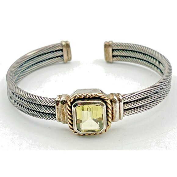 Sterling Silver 14K Yellow Gold Lemon Quartz Gem Cable Cuff Bracelet 7.25" - Picture 1 of 10